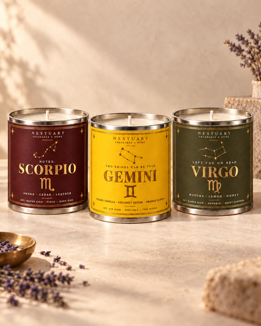 NESTUARY The Big Three set: Scorpio, Gemini and Virgo candles with gold foil labels