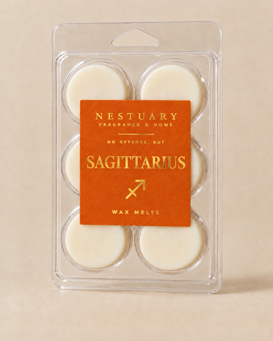 NESTUARY Sagittarius wax melts, orange label with gold foil lettering