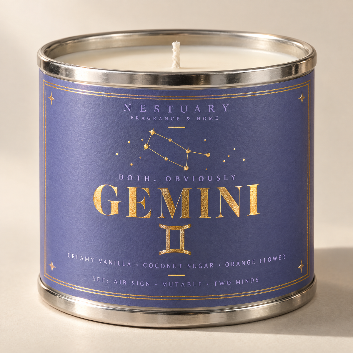 NESTUARY Gemini zodiac candle, blue tin, TWO THINGS CAN BE TRUE