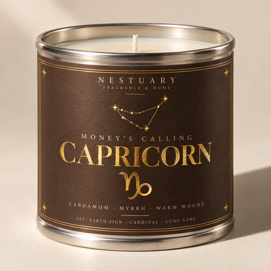 NESTUARY Capricorn candle, dark brown label with gold lettering, MONEY'S CALLING
