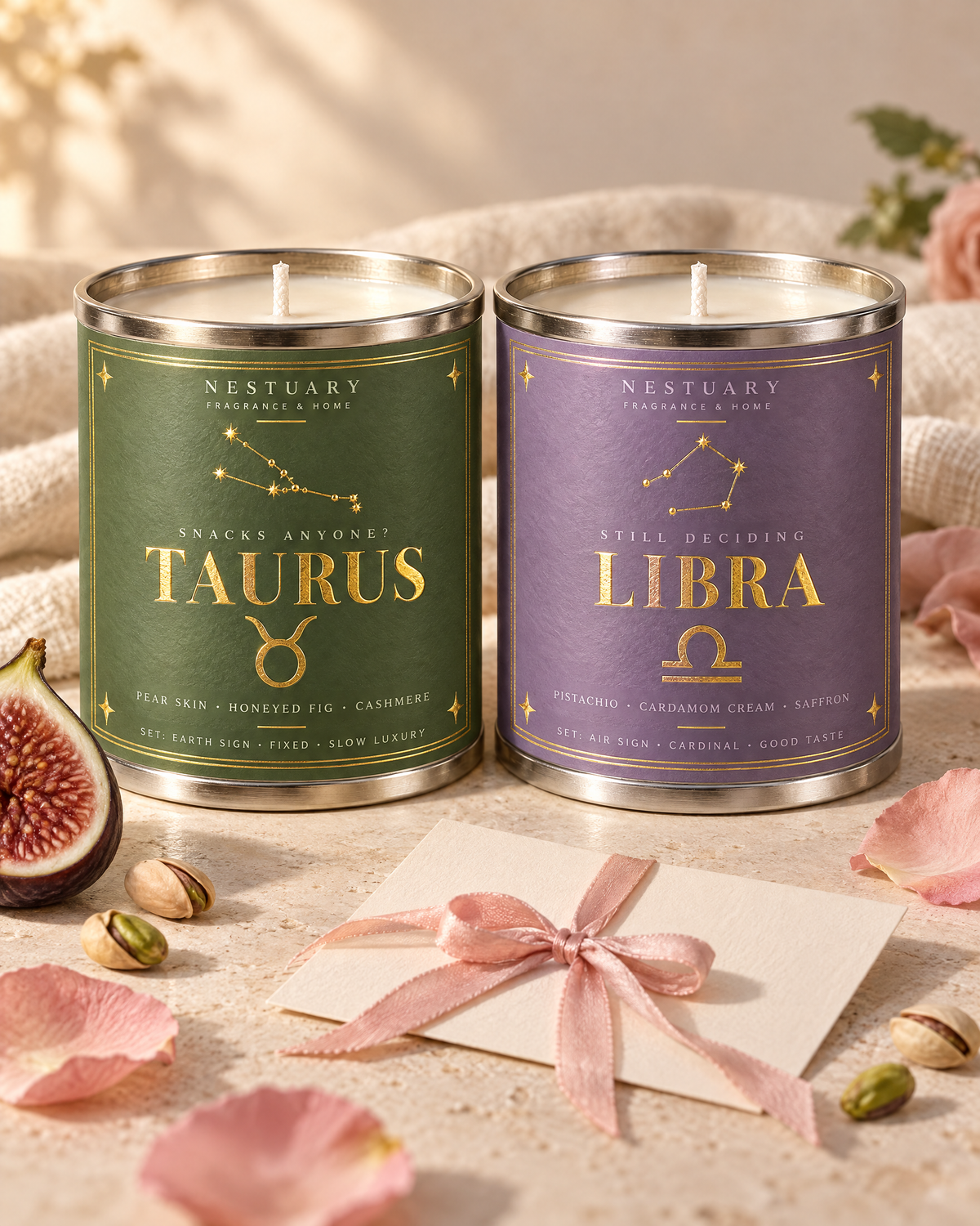 The Venus Pair: Taurus and Libra candles with a ribbon-tied card by NESTUARY