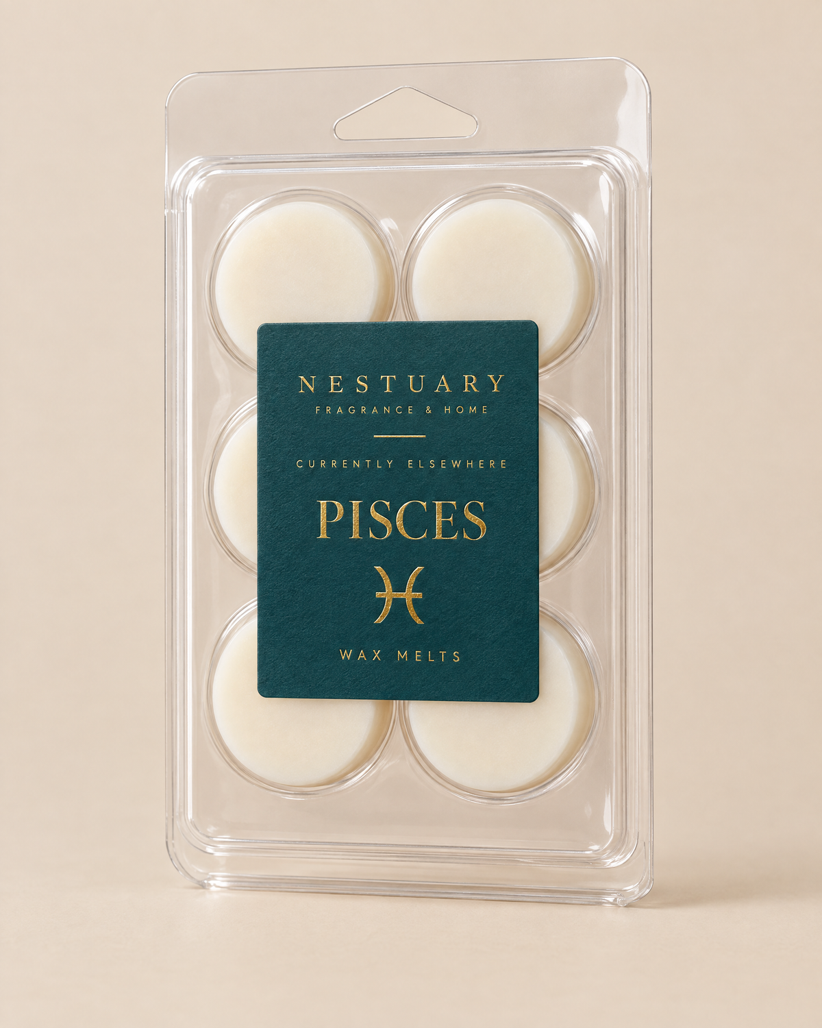 NESTUARY Pisces wax melts, deep teal label with gold lettering, CURRENTLY ELSEWHERE