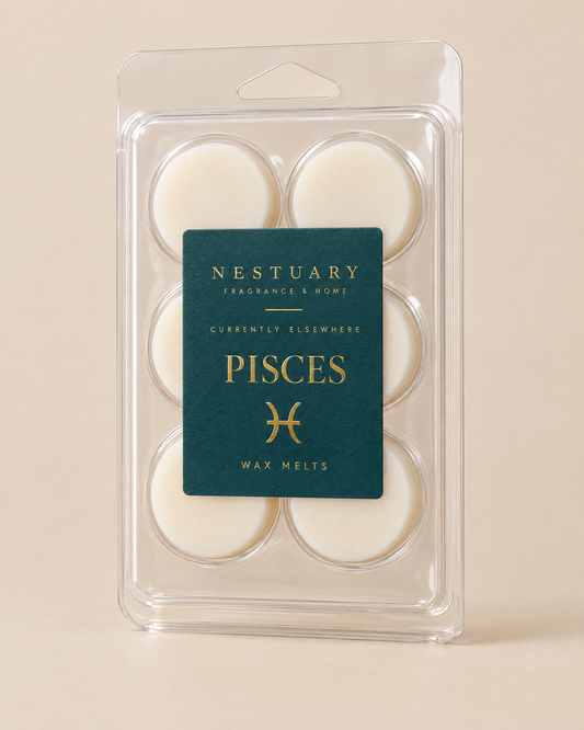 NESTUARY Pisces wax melts, deep teal label with gold lettering, CURRENTLY ELSEWHERE