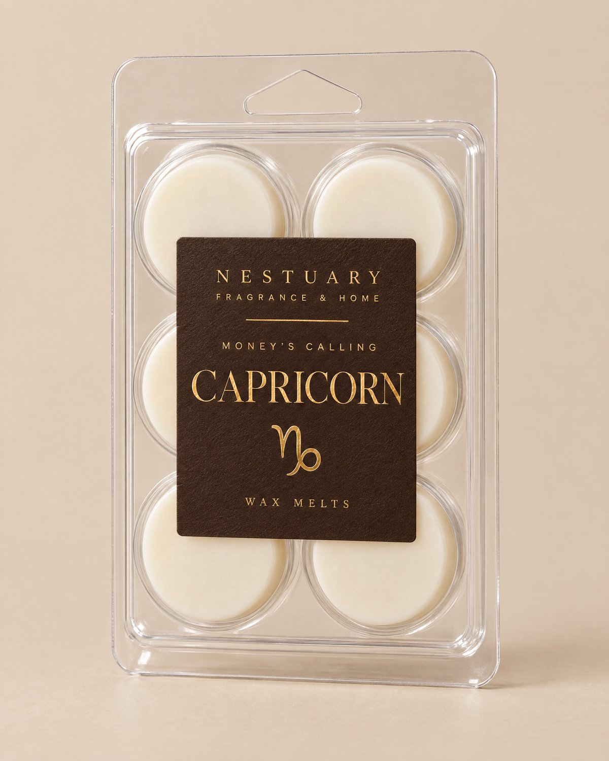 NESTUARY Capricorn wax melts, dark brown label with gold lettering, MONEY'S CALLING