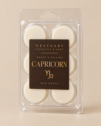 NESTUARY Capricorn wax melts, dark brown label with gold lettering, MONEY'S CALLING