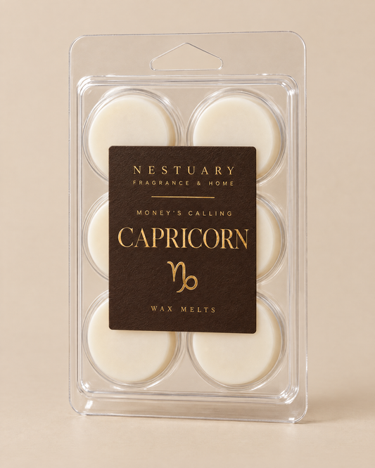 NESTUARY Capricorn wax melts, dark brown label with gold lettering, MONEY'S CALLING