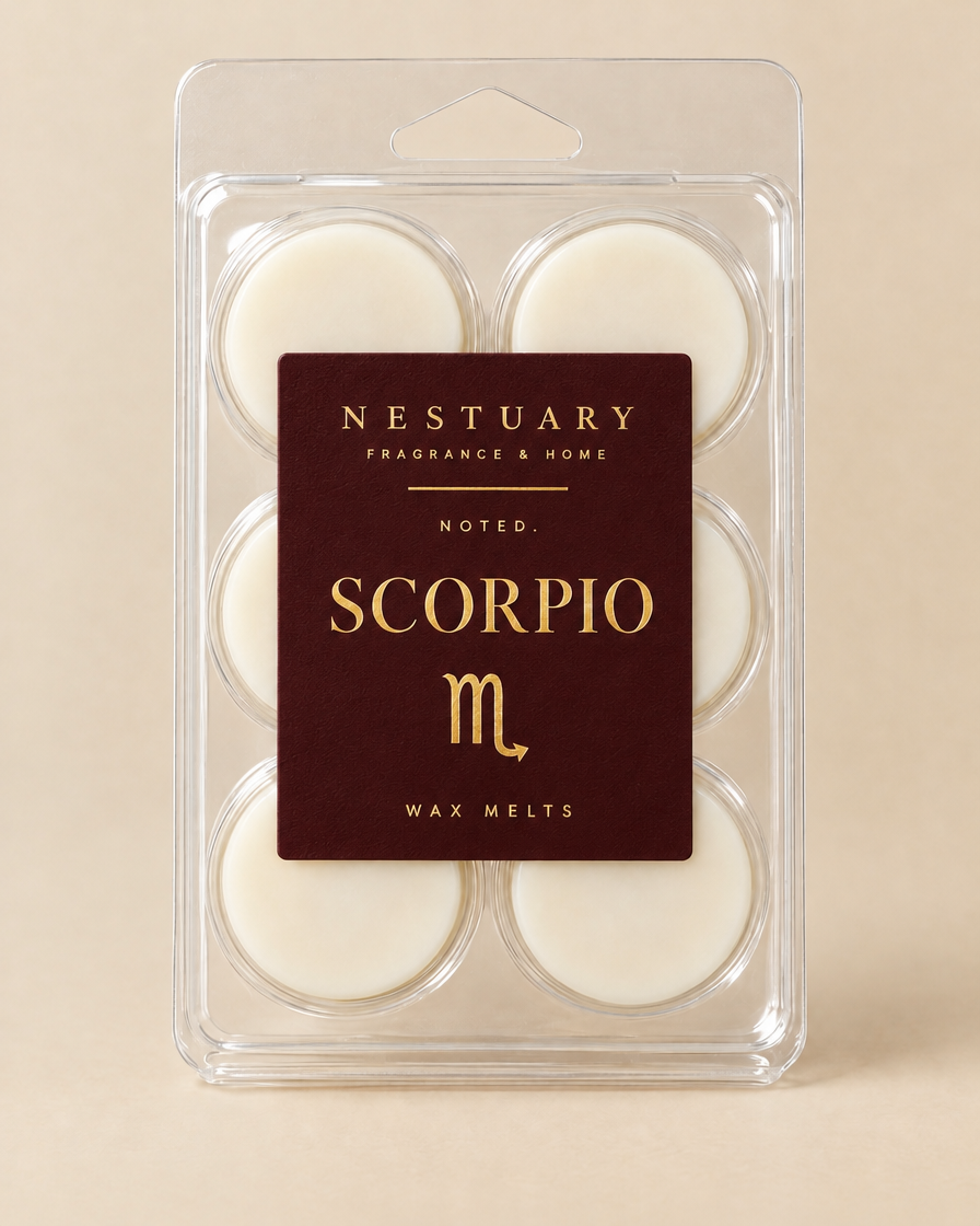 NESTUARY Scorpio wax melts, deep oxblood label with gold lettering, NOTED.