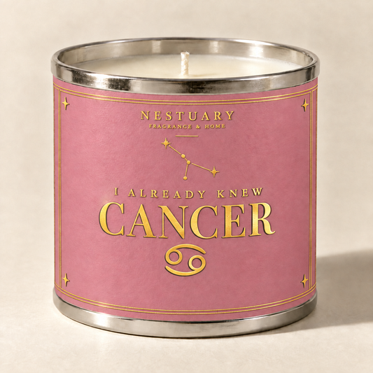 NESTUARY Cancer zodiac candle, rose label with gold foil lettering, I ALREADY KNEW