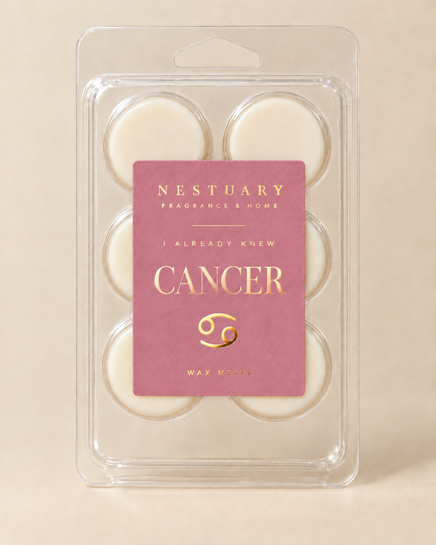 NESTUARY Cancer wax melts, rose label with gold foil lettering