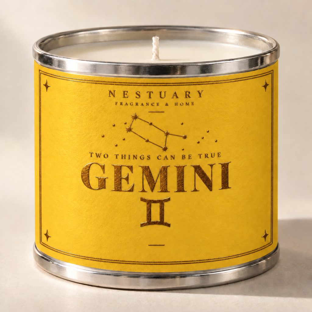 NESTUARY Gemini zodiac candle, yellow label with gold foil lettering, TWO THINGS CAN BE TRUE