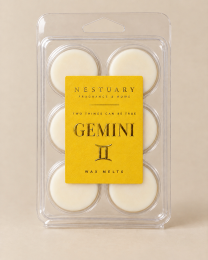 NESTUARY Gemini wax melts, yellow label with gold foil lettering