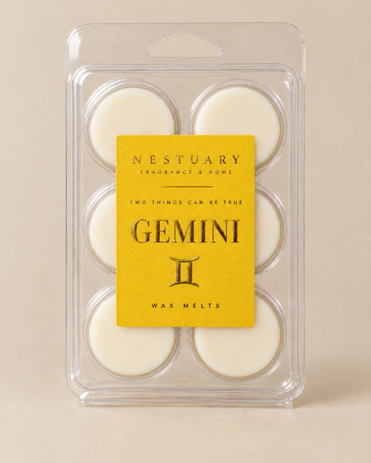 NESTUARY Gemini wax melts, yellow label with gold foil lettering