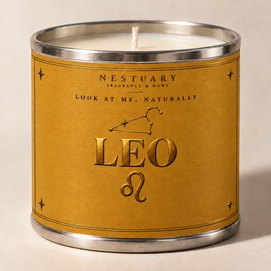 NESTUARY Leo zodiac candle, golden label with gold foil lettering, LOOK AT ME, NATURALLY