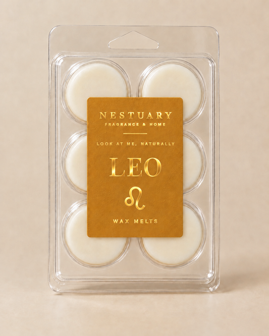 NESTUARY Leo wax melts, golden label with gold foil lettering
