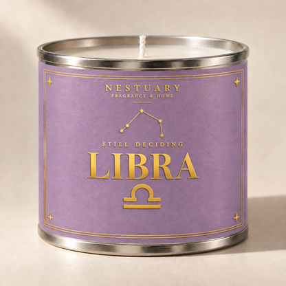 NESTUARY Libra zodiac candle, lavender label with gold foil lettering, STILL DECIDING