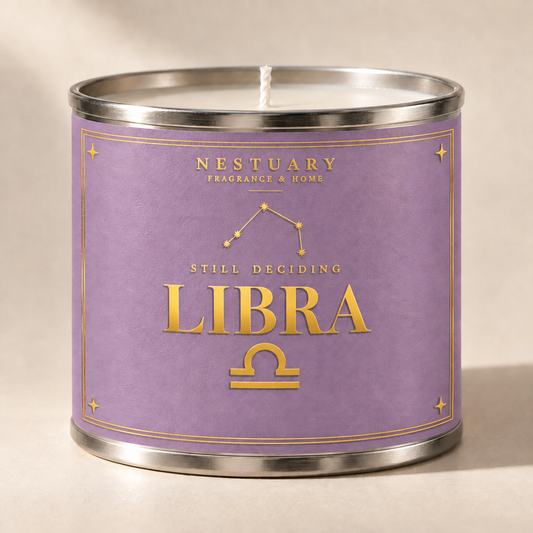 NESTUARY Libra zodiac candle, lavender label with gold foil lettering, STILL DECIDING