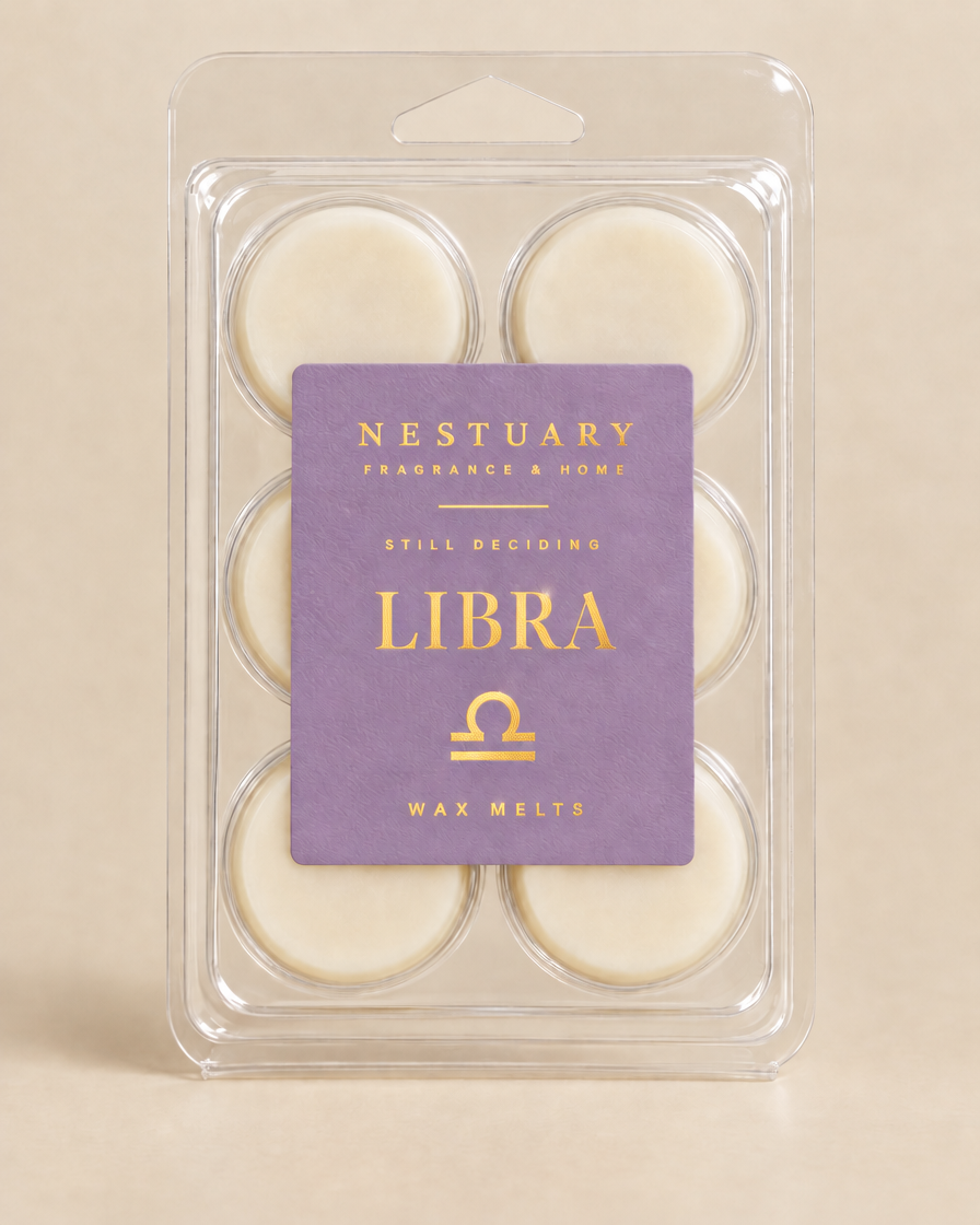 NESTUARY Libra wax melts, lavender label with gold foil lettering
