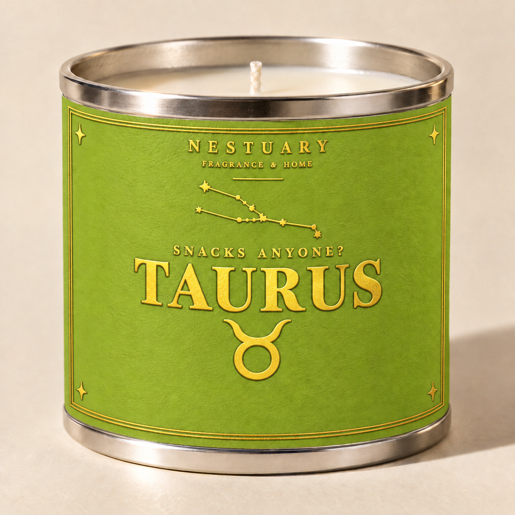 NESTUARY Taurus zodiac candle, lime label with gold foil lettering, SNACKS ANYONE?