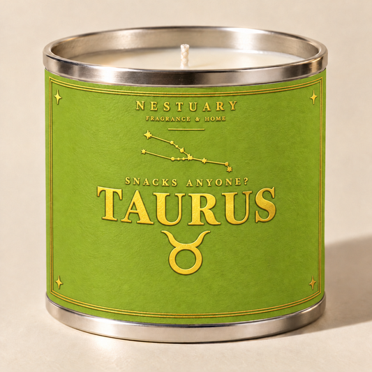 NESTUARY Taurus zodiac candle, lime label with gold foil lettering, SNACKS ANYONE?