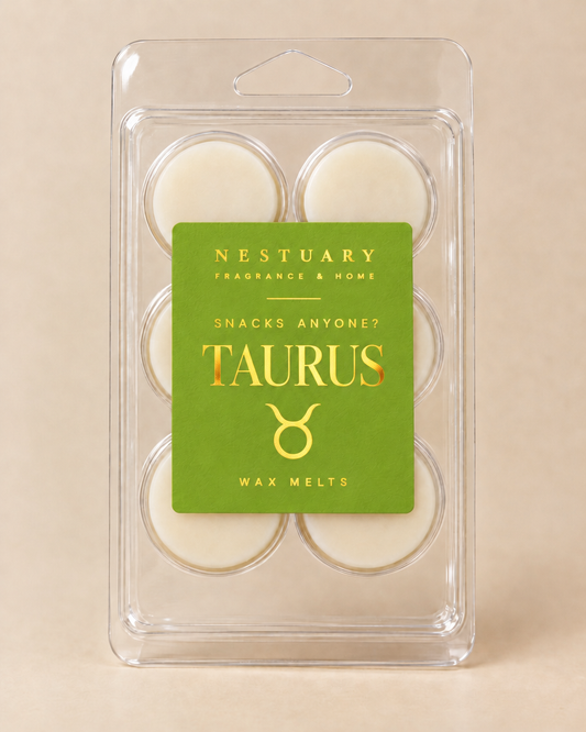 NESTUARY Taurus wax melts, lime label with gold foil lettering